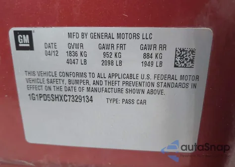 2012 Chevrolet Cruze Ls from USA, damaged, VIN 1G1PD5SHXC7329134